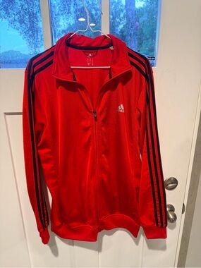 Adidas Men's Red Track Jacket with Black Stripes Size L
